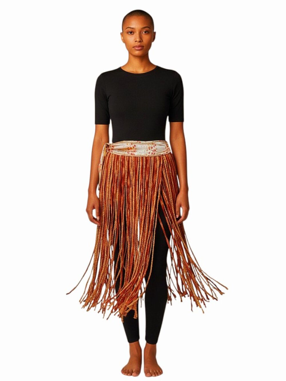 NWOT Handcrafted Tribal Bellydance Two-Panel Skirt Orange Tan Brocade Fringe OS